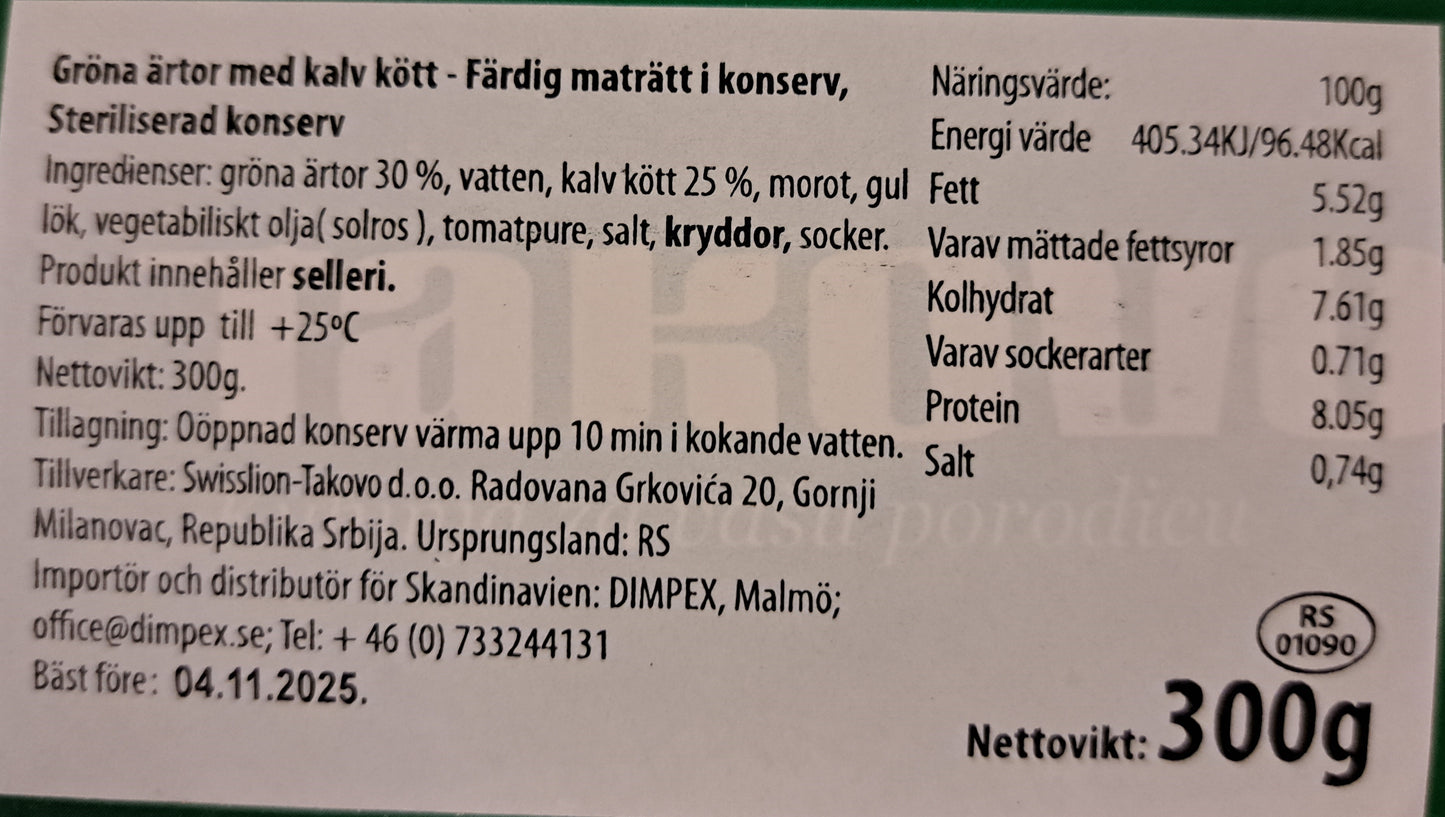 SL Takovo Grasak sa junetinom - Ärtor med kalvkött 300g